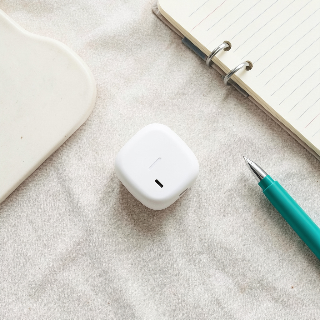 Overhead flat-lay of a white compact smart plug on a pale linen surface next to a notebook, pen, and small ceramic pot