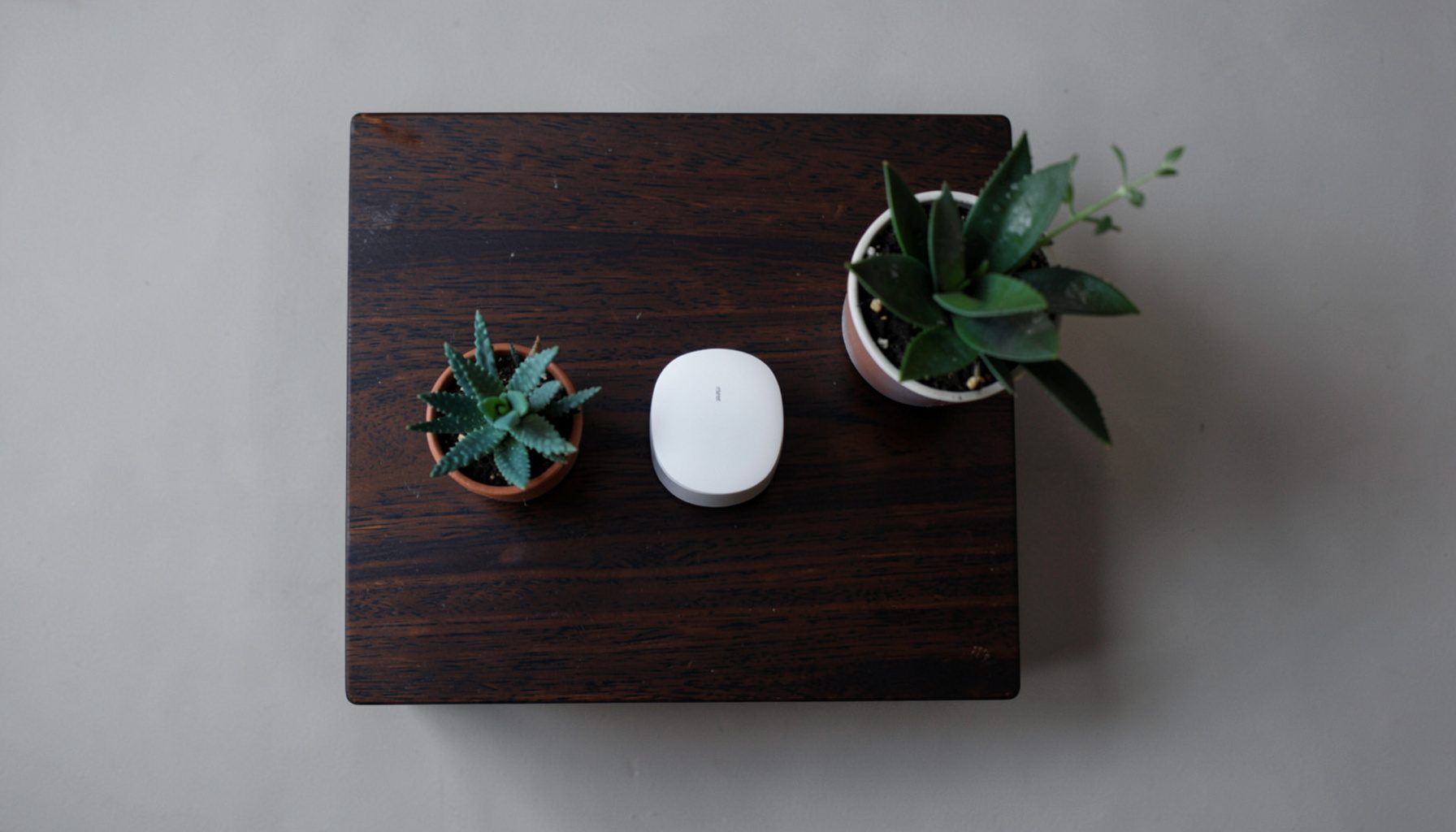 Overhead flat-lay photograph of a dark wooden side table holding a compact white smart plug, a small potted plant, and wireless sensors