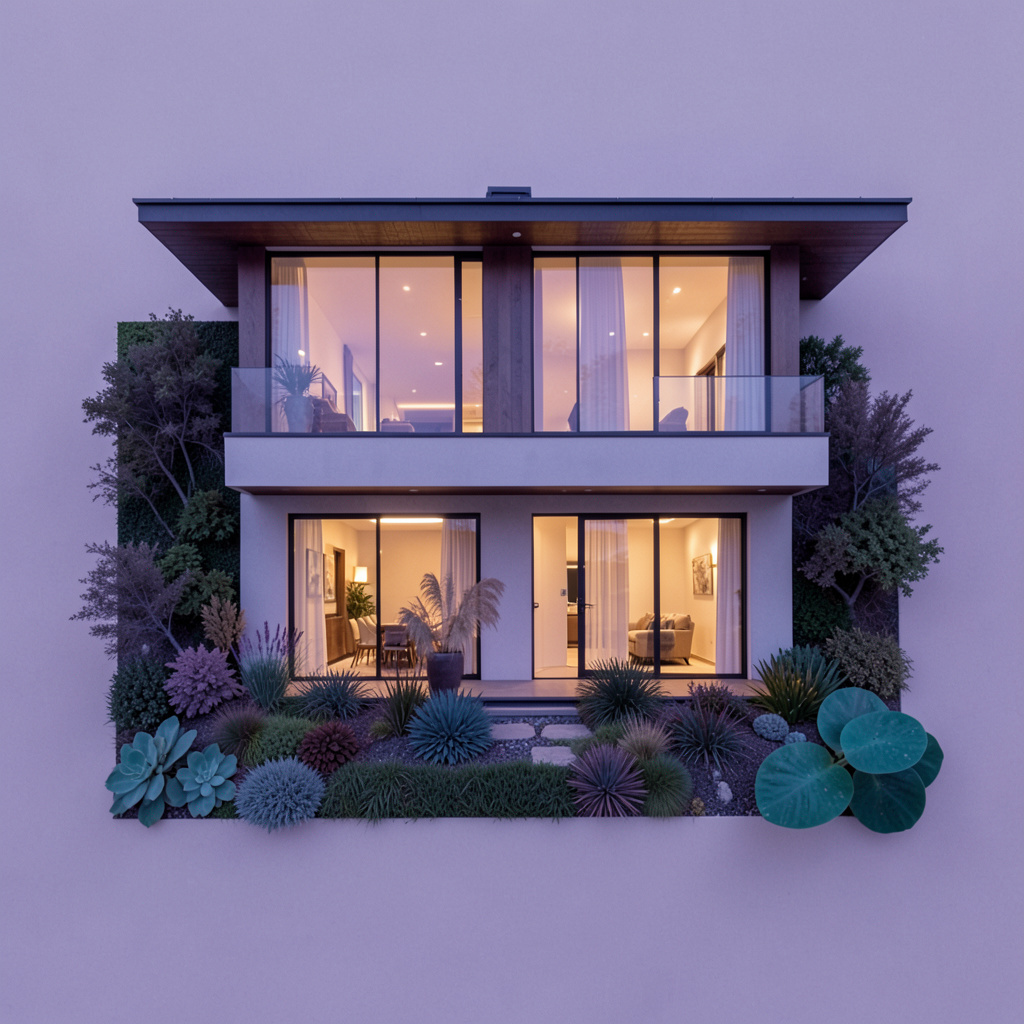 A modern two-story house exterior at dusk with warm interior lighting glowing through large windows and a landscaped front garden