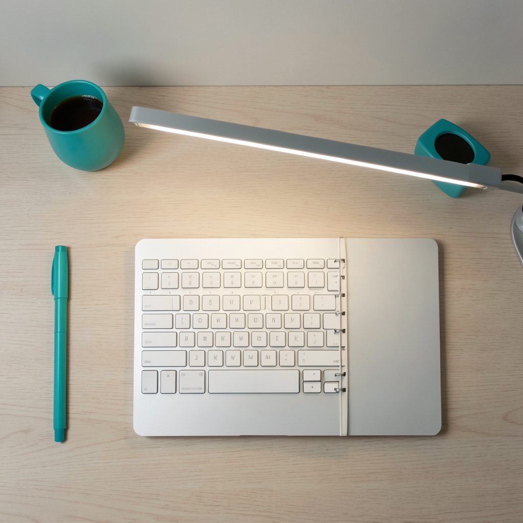 A minimalist desk setup with a slim LED task lamp illuminating a notebook and keyboard on a light wood surface