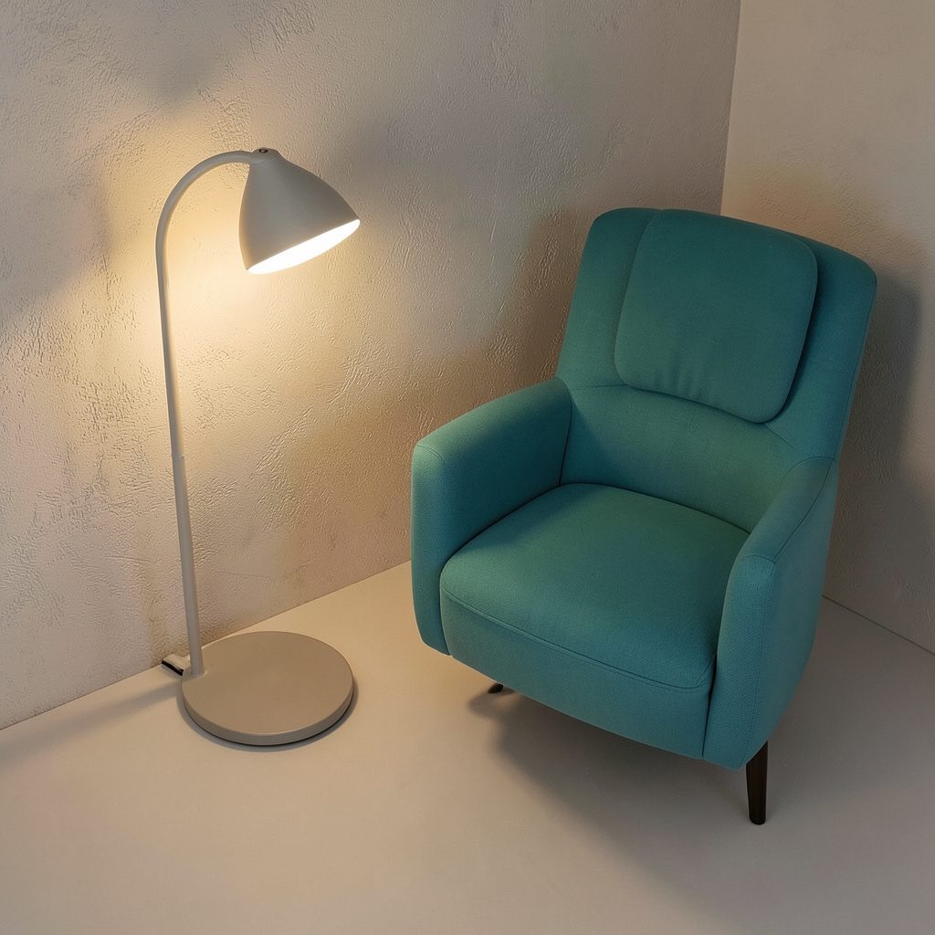 A warm-lit modern living room corner with a floor lamp casting a soft glow on a textured wall and armchair