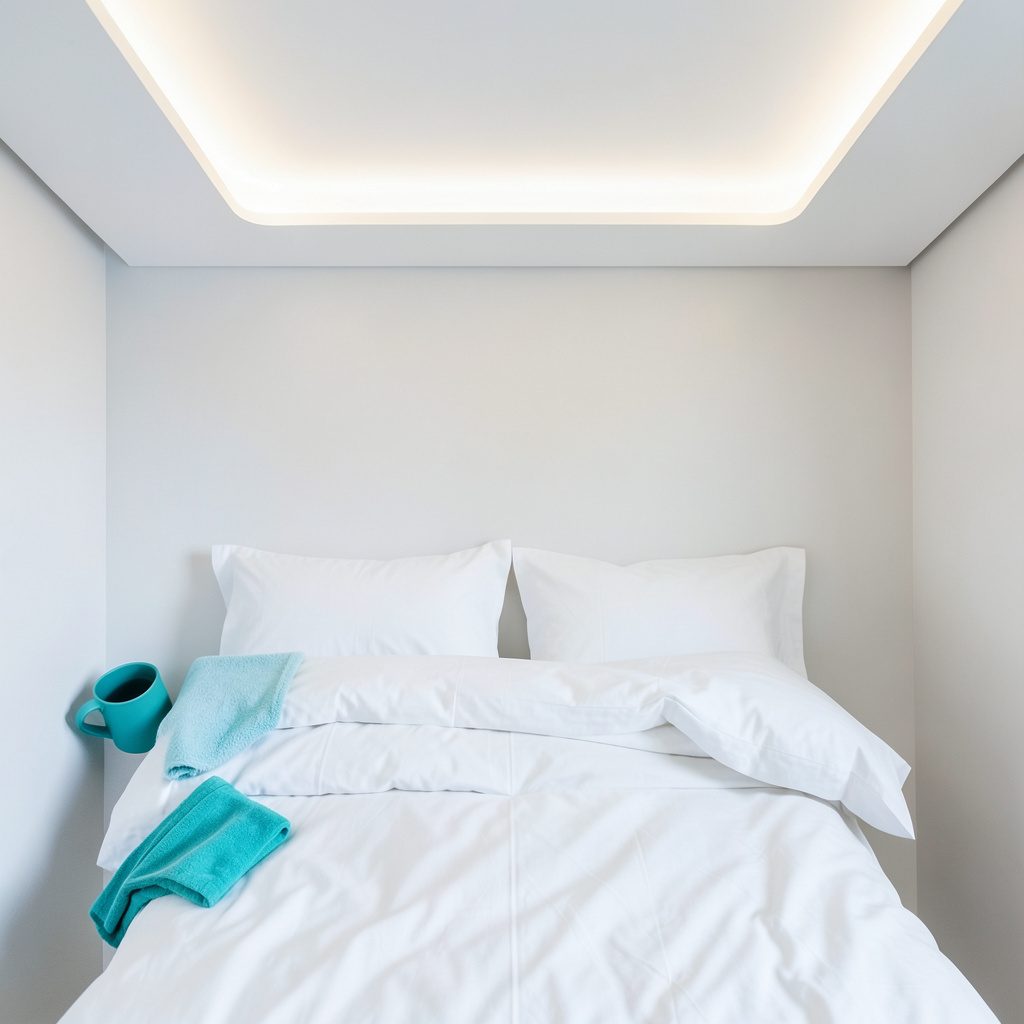 A bright modern bedroom with a flush LED ceiling panel casting soft even light across white bedding and light walls
