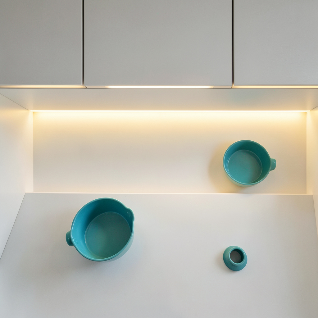 A modern kitchen with warm LED strip lighting glowing beneath upper cabinets, illuminating a clean white countertop