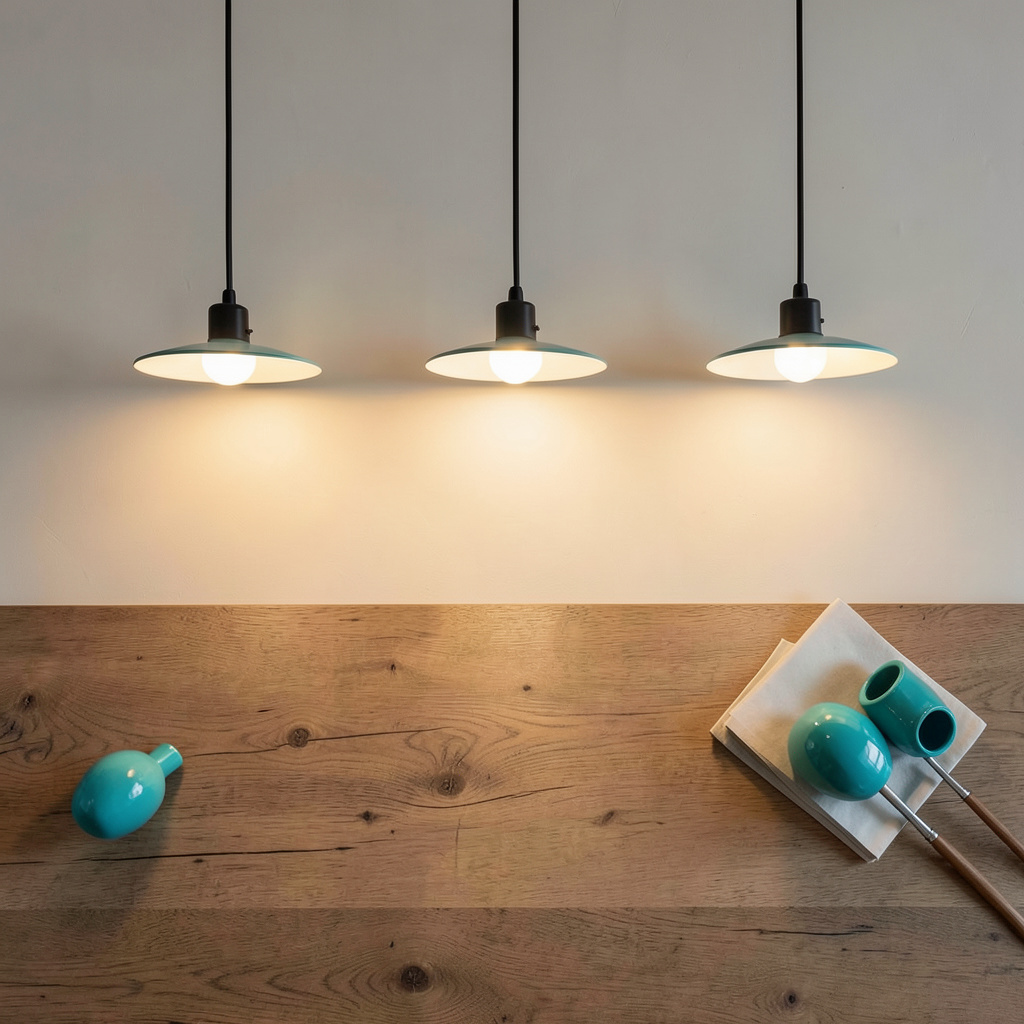 A dining room with a row of three pendant LED lights above a wooden table, casting warm pools of light