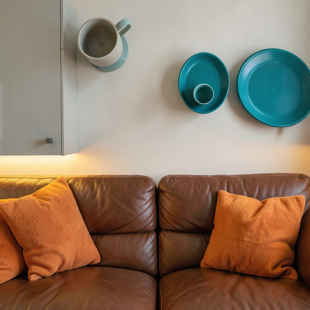 Cozy living room with warm strip lighting under cabinets, brown leather sofa, and orange throw pillows