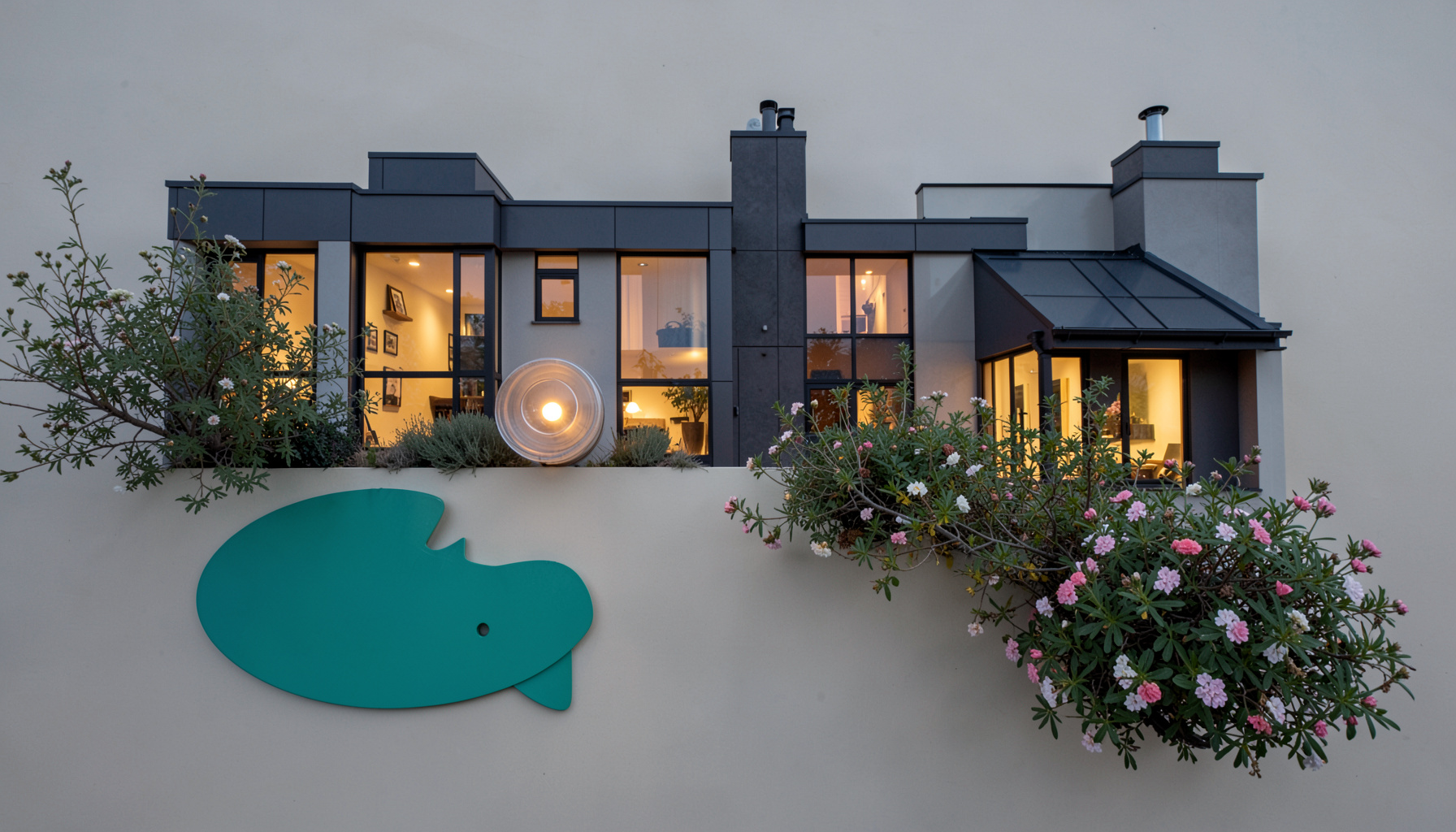 Modern house exterior at dusk with illuminated windows and a glowing garden light among flowering shrubs