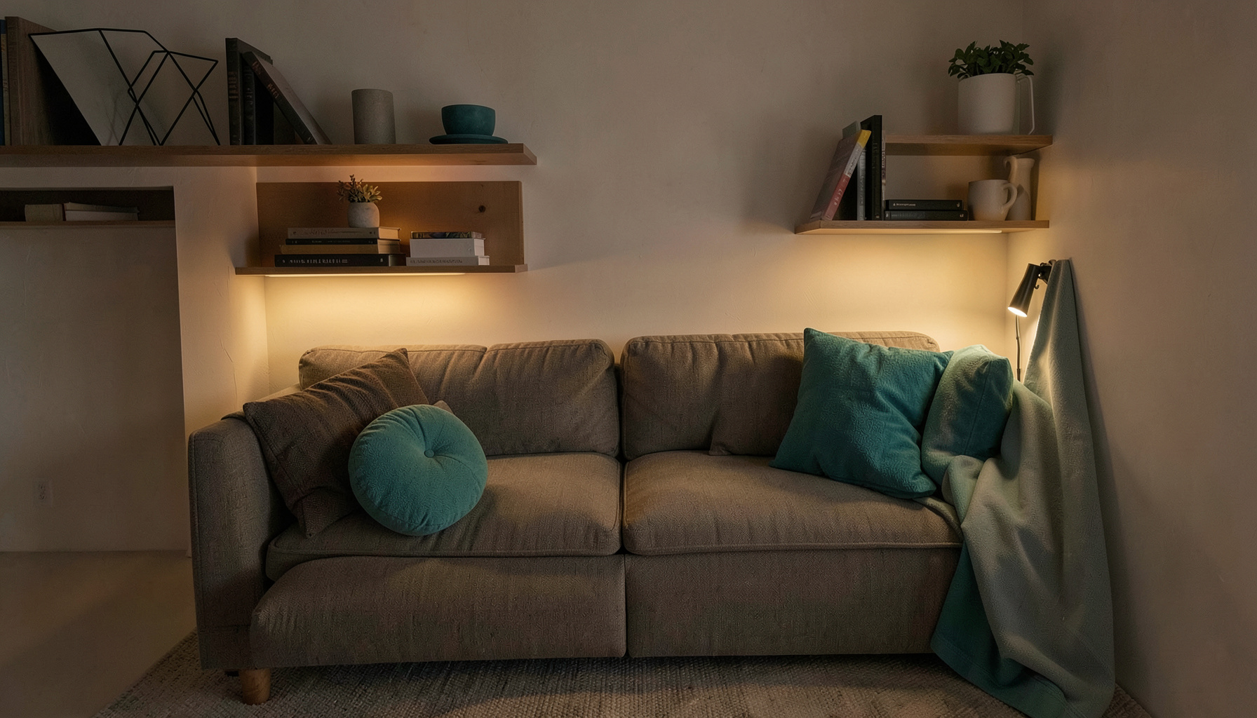 Warmly lit modern living room at dusk with soft ambient smart lighting casting a golden glow across a sofa and shelving