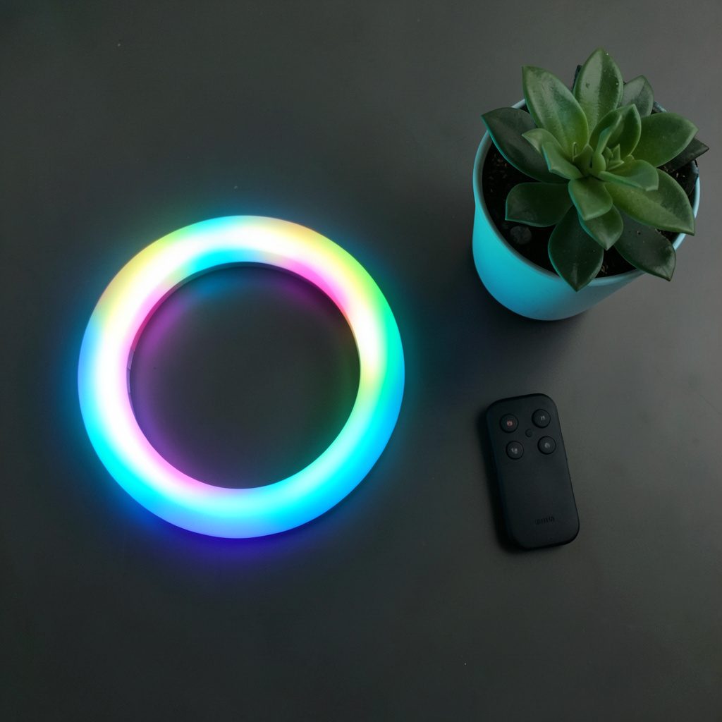 Round illuminated ring light glowing in rainbow colors on a dark tabletop beside a small remote and potted plant