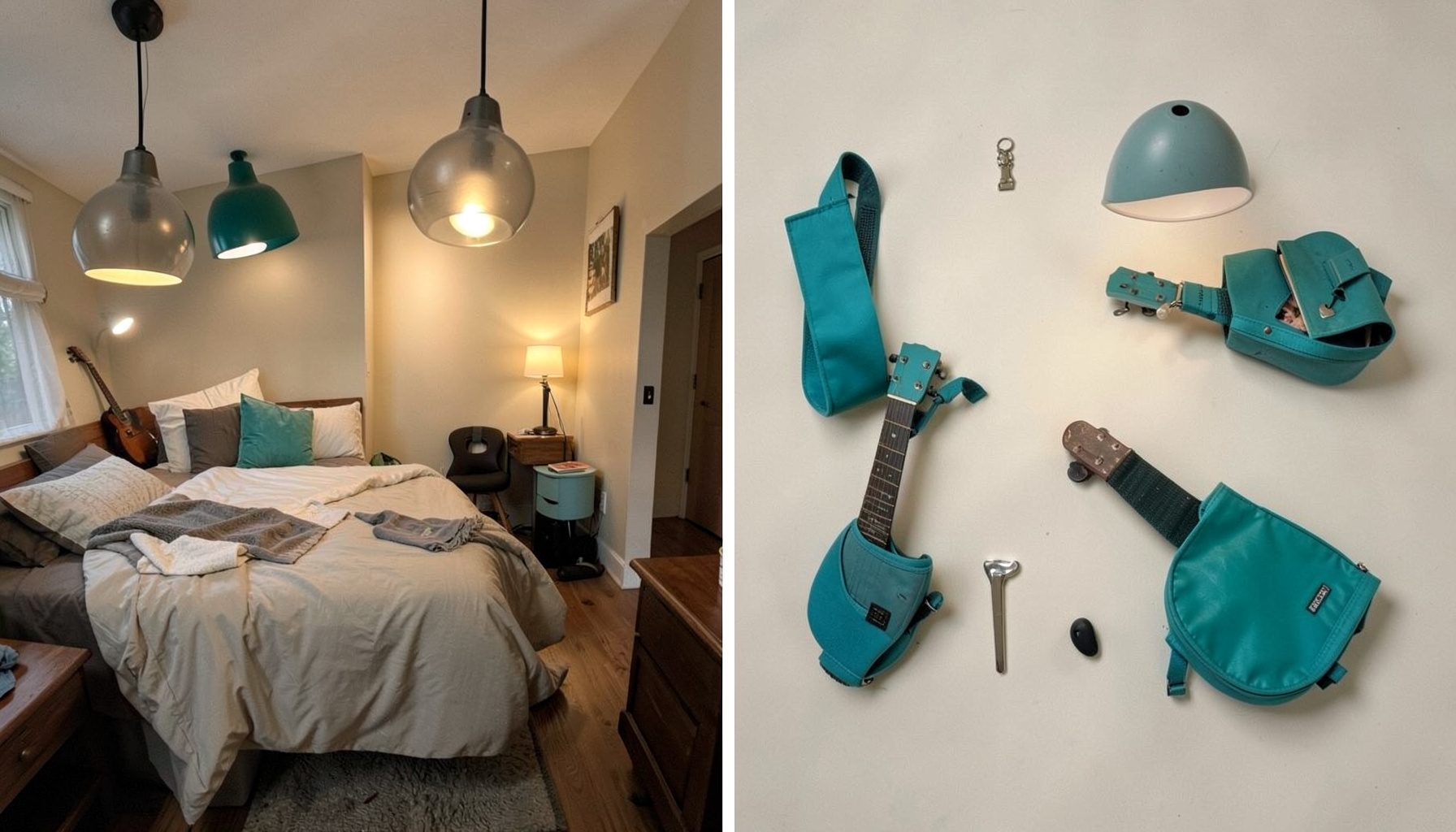 Split-view of a bedroom and study area under hanging pendant lights, with a bed, guitar, desk, and warm ambient glow