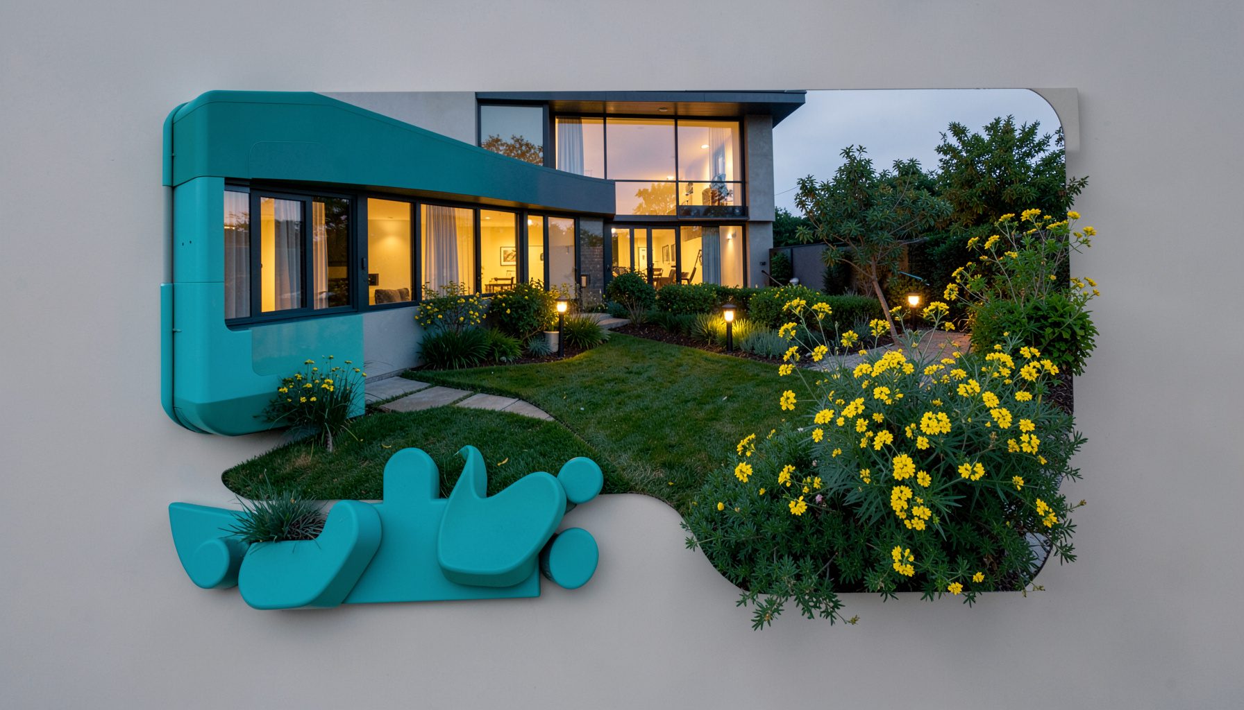 Modern house exterior at dusk with illuminated windows, landscaped lawn, and glowing garden light among yellow flowering plants