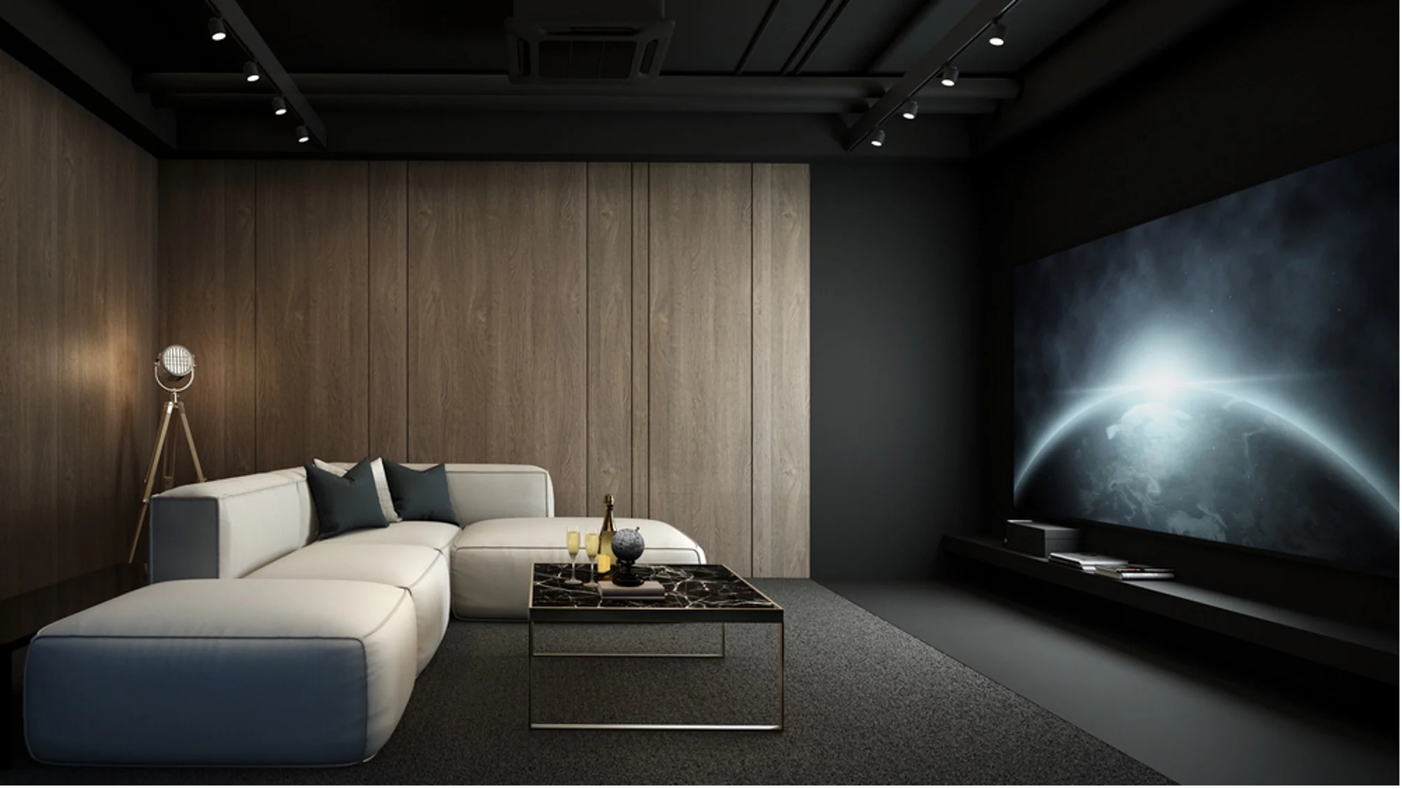 Dark modern home theater room with a sectional sofa, marble coffee table, tripod lamp, and large screen showing a planet