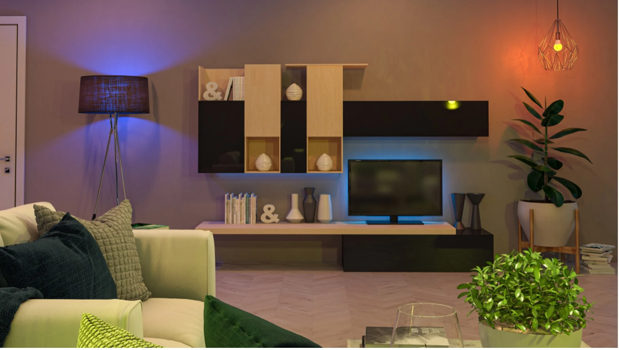 Living room with a green sofa, wall shelving unit, television, potted plants, and mixed ambient lighting in purple and orange tones